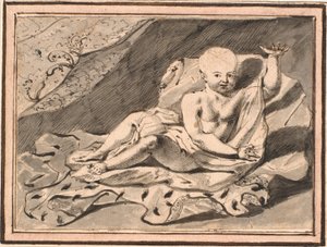 Putti, reclinado em manto de arminho de Jürgen Ovens