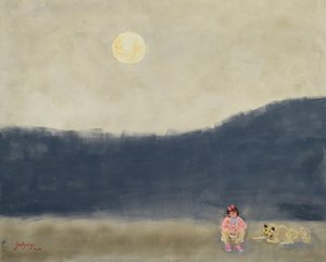 Criança e cão numa noite de luar de Jukyong Park
