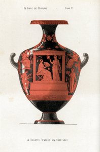 Vaso grego decorando uma mulher uma sa toilette segurando uma caixa de cosméticos e perfumes assistida por uma escrava que acena um ventilador de Jules (after) Cheret