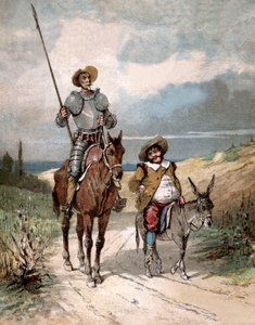 Dom Quixote e Sancho Pança, ilustração do livro de Miguel de Cervantes "Histoire de Don Quichotte", gravura segundo Jules David