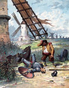 Dom Quixote lutou com moinhos de vento e caiu do seu cavalo, Sancho Pança olha para o seu amo, ilustração do livro de Miguel de Cervantes "Histoire de Don Quichotte", gravura segundo Jules David