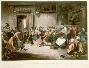 Cena de Desordem numa Escola de Meninas, meados do século XIX (gravura a cores)