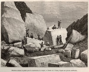Granito mórmon esculpido para a construção do templo. Gravura depois do desenho de J.Ferat, para ilustrar a história La conquete blanche, de William Hepworth Dixon, em 1875, publicada em "Le tour du monde" 1876, editada por Edouard Charton, edição Hachette de Jules (after) Ferat