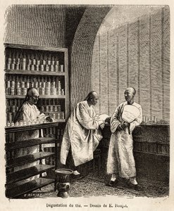 A degustação do chá, na sala de degustação de uma fábrica de pólvora em Fati Bay (província de Cantão), nas prateleiras as caixas contêm as amostras do chá, na mesa central, as chávenas com tampa especialmente concebidas para a degustação pelos profissiona de Jules (after) Ferat