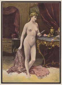 Mulher com um espelho (cor litho) de Jules (after) Scalbert