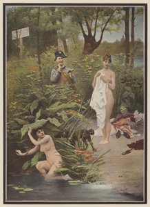 Mulheres apanhadas no acto de tomar banho (cor litho) de Jules (after) Scalbert