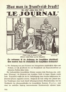 Propaganda alemã na primeira página de um jornal francês com um desenho animado mostrando o Primeiro Ministro Raymond Poincare comendo as crianças do Ruhr durante a ocupação francesa da região