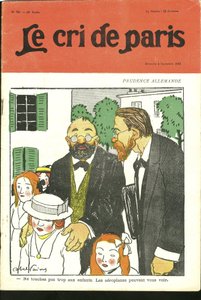 Ilustração de Abel Faivre (1867-1945) para a capa do Le Cri de Paris, 04/09/10 - "Não toque demais nas crianças, os aviões podem te ver. "- Alemanha Prússia, Aviação de Jules Abel Faivre