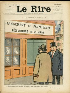 Ilustração de Abel Faivre (1867-1945) para a capa do Le Rire, 21/03/08 - O contrato de aluguer - Arquitectura Urbanística, Casamento, Adultério, Lojas de Jules Abel Faivre