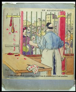 &39;Não, não há carne hoje ... mas leia o comunicado, é excelente&39;, caricatura da fome na Alemanha, c.1917 de Jules Abel Faivre