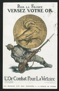 Cartão Postal, Satirique en Colours, por volta de 1915: Para a França, Despeje seu ouro - Guerra de 14-18, Alemanha Prússia, Prata, Belligerantes e símbolos, Vitória, Empréstimo, Journees patriótico - Galo - Ilustração de Abel Faivre (1867-1945) de Jules Abel Faivre