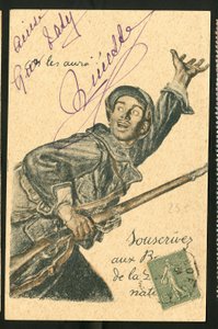 Cartão postal: Subscrição de Títulos de Defesa Nacional - Guerra de 14-18, Belligerantes e Símbolos, Empréstimo, Dias Patrióticos - Ilustração de Abel Faivre (1867-1945) de Jules Abel Faivre