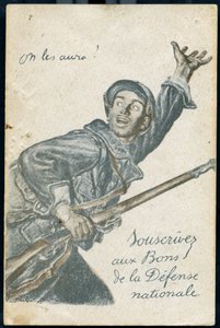 Cartão postal de assinatura do salto da Defesa Nacional mostrando um soldado indo para a frente gritando "nós vamos tê-los". de Jules Abel Faivre
