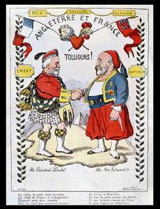 A Entente Cordiale entre a França e a Grã-Bretanha: caricaturas do Presidente Loubet (1838-1929) e do Rei Eduardo VII (1841-1910), ilustração de &39;Le Rire&39;, 1903