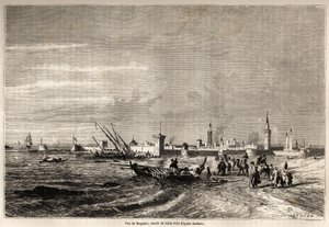 Vista de Essaouira (antiga Mogador), desenho de Jules Noel (1810-1881), para ilustrar a viagem de F. Schickler a Marrocos em 1860. Gravura em "Le tour du monde, nouveau journal des voyages" Paris