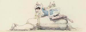 Apresentador de circo, deitado num cavalo, com pombas no braço e na cabeça (cor litho) de Jules Arsene (after) Garnier