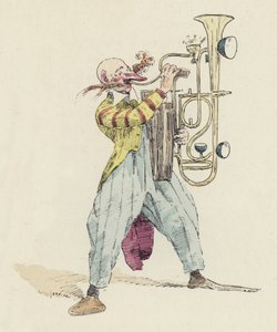 Palhaço tocando um instrumento musical incomum (cor litho)
