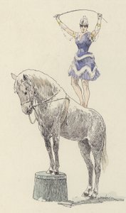 Ginasta de pé no dorso de um cavalo (cor litho)