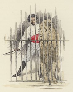 Domador de leões e leões numa gaiola (cor litho)