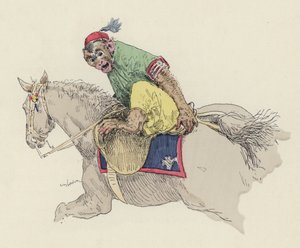 Macaco montando a cavalo (cor litho)