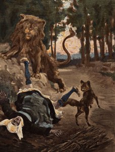 Uma mulher, a apanhar lenha na floresta de Bievre, assustada por um Leão e uma Raposa. Pantagruel. Ilustração de Jules Garnier. Em "Rabelais et l