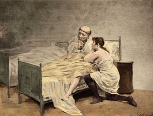 Uma rapariga que se confessa ao Irmão Royddimet, sentada na sua cama. Pantagruel. Ilustração de Jules Garnier. Em "Rabelais et l