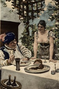 Gargantua comendo, uma mulher servindo-lhe comida. Gargântua. Ilustração de Jules Garnier. Em "Rabelais et l