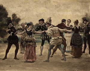 Homens e mulheres a jogar furão. Gargântua. Ilustração de Jules Garnier. Em "Rabelais et l