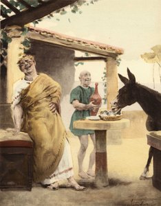 Philomenes morre de rir ao ver o burro Sycophagus a comer figos enquanto um criado coloca vinho numa ânfora. Pantagruel. Ilustração de Jules Garnier. Em "Rabelais et l