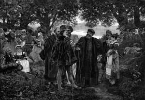 Rabelais, a cura de Meudon. O escritor François Rabelais (1483-1553) senhor de um banquete na floresta de Meudon. Ele foi paróquia de Meudon de 1551 a 1553. Gravura após a pintura de Jules Garnier (século XIX) em "O Mundo Ilustrado" n°1210 de 5 de junho