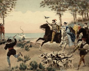 Moradores da Abadia de Theleme, os Thelemitas, a caçar. Gargântua. Ilustração de Jules Garnier. Em "Rabelais et l