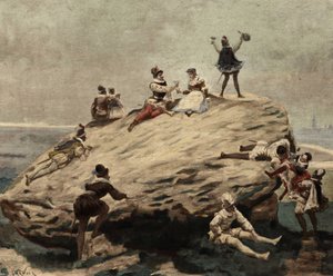 Os alunos divertem-se na Pedra levantada: uma pedra que Pantagruel instalou sobre quatro pilares num campo. Pantagruel. Ilustração de Jules Garnier. Em "Rabelais et l