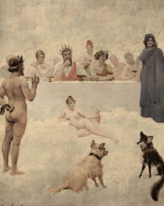 O deus dos jardins, Príapo, perante o conselho dos deuses. No centro, Iúpiter (Júpiter, Zeus). À sua esquerda, Baco (Dionísio, Bacco). Em baixo, um cão e uma raposa. Pantagruel. Ilustração de Jules Garnier. Em "Rabelais et l