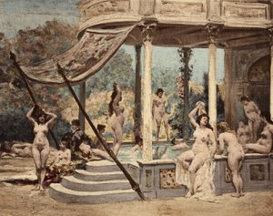 Mulheres a banharem-se na Abadia de Theleme. Gargântua. Ilustração de Jules Garnier. Em "Rabelais et l