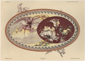 Aves e flores, prato 19 de &39;Fantaisies decoratives&39;, gravado por Gillot, publicado por Jules Rouam, da Librairie de l&39;Art, Paris, 1887 (cor gravura) de Jules Auguste Habert Dys