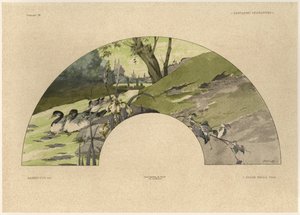 Ventilador, prato 23 de &39;Fantasias Decorativas&39;, gravado por Gillot, publicado por Jules Rouam, da Librairie de l&39;Art, Paris, 1887 (gravura a cores) de Jules Auguste Habert Dys