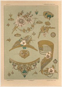 Jóias, placa 39 de &39;Fantasias Decorativas&39;, gravada por Gillot, publicada por Jules Rouam, Librairie de l&39;Art, Paris, 1887 (gravura a cor) de Jules Auguste Habert Dys