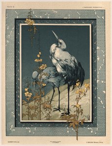 Cegonhas, placa 40 de &39;Fantaisies decoratives&39;, gravada por Gillot, publicada por Jules Rouam, da Librairie de l&39;Art, Paris, 1887 (gravura a cor)