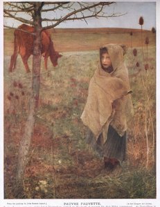 França, pequena; menina; Fauvette; vaca; rural; pobre; roupas de Jules Bastien Lepage