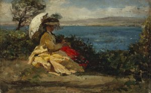 Mulher com guarda-sol, Baía de Douarnenez, entre 1870 e 1875 (óleo sobre tela) de Jules Breton