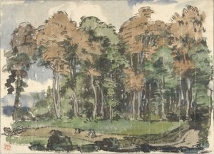 Estrada na orla da floresta, com os camponeses a trabalhar de Jules Chadel