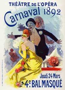 Arte. Entretenimento. Baile de máscaras na Ópera de Paris. Cartaz de Jules Cheret, França, Abr. 1892 (cartaz)