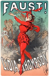 Arte. Entretenimento. A dançarina Lydia Thompson como Mephisto. Cartaz de Jules Cheret para a peça "Faust", Inglaterra, c.1860-70 (cartaz) de Jules Cheret