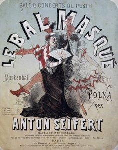 Bola e concerto de Pesth: a bola mascarada (Maskenball, famosa polca de Anton Seifert) - cartaz de Jules Cheret, n.d. de Jules Cheret