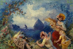 La Terre Allegorie representando jovens mulheres segurando botas de trigo contra um pano de fundo de colheita. Caixa para tapeçaria por Jules Cheret (1836-1932) Século XX Nice, Musee Cheret de Jules Cheret