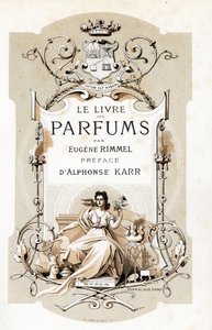 Página de rosto com um brasão e uma mulher segurando uma rosa, sentada num trono - Ilustração de Jules Cheret (1836-1932) de Le Livre des Parfums de Eugene Rimmel (1820-1887), França de Jules Cheret