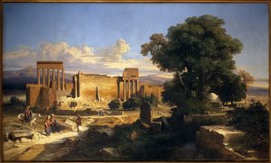 Ruínas de Balbeck (ou Baalbek, Baalbec, antiga Heliópolis, Líbano atual). Pintura por Jules Coignet (1798-1860), Óleo Sobre Tela