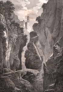 Vale dos Moinhos em Sorrento, Campânia, Itália, litografia de Villeneuve após desenho de Jules Coignet (1798-1860), 21,5x34,5 cm