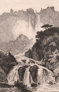 Vista das Cascatas de Marmore (Cascata delle Marmore) perto de Terni, Úmbria, Itália, gravura em metal aço após desenho de Jules Coignet (1798-1860), cerca de 14x20 cm