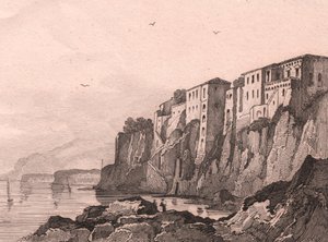Vista de Sorrento com casa de Torquato Tasso, Campania, Itália, gravura em aço de Sauvage após desenho de Jules Coignet (1798-1860), ca. 13x10 cm